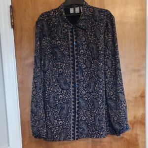 Liz Claiborne Long Sleeve Blouse Sz16.  Paisley Floral Navy, Brown & Tan. EUC!